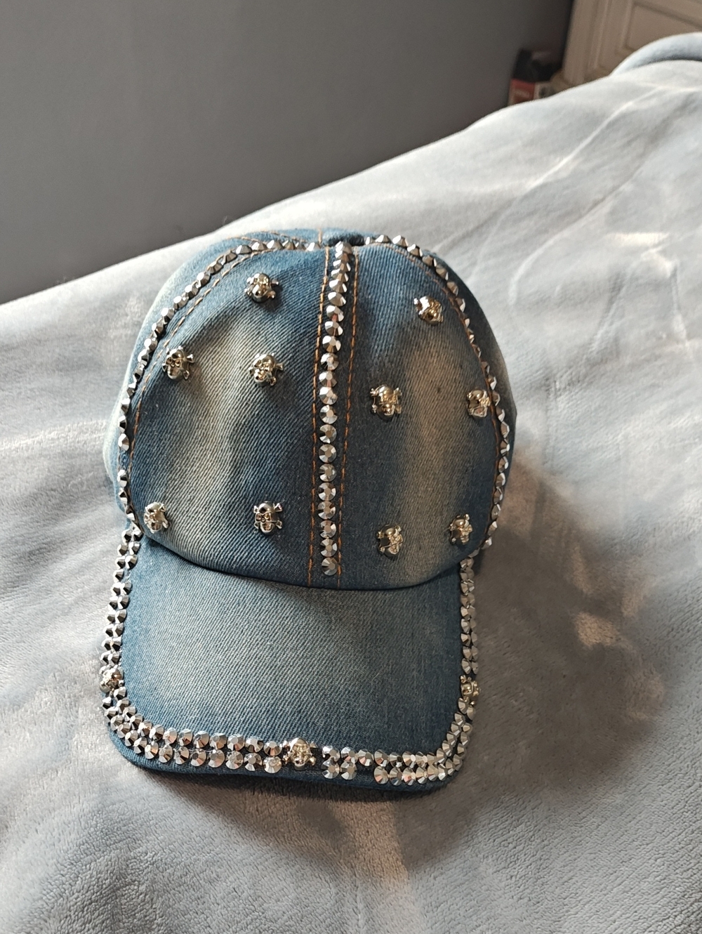 Denim Crystal & Skull Stud Baseball Cap - Blue